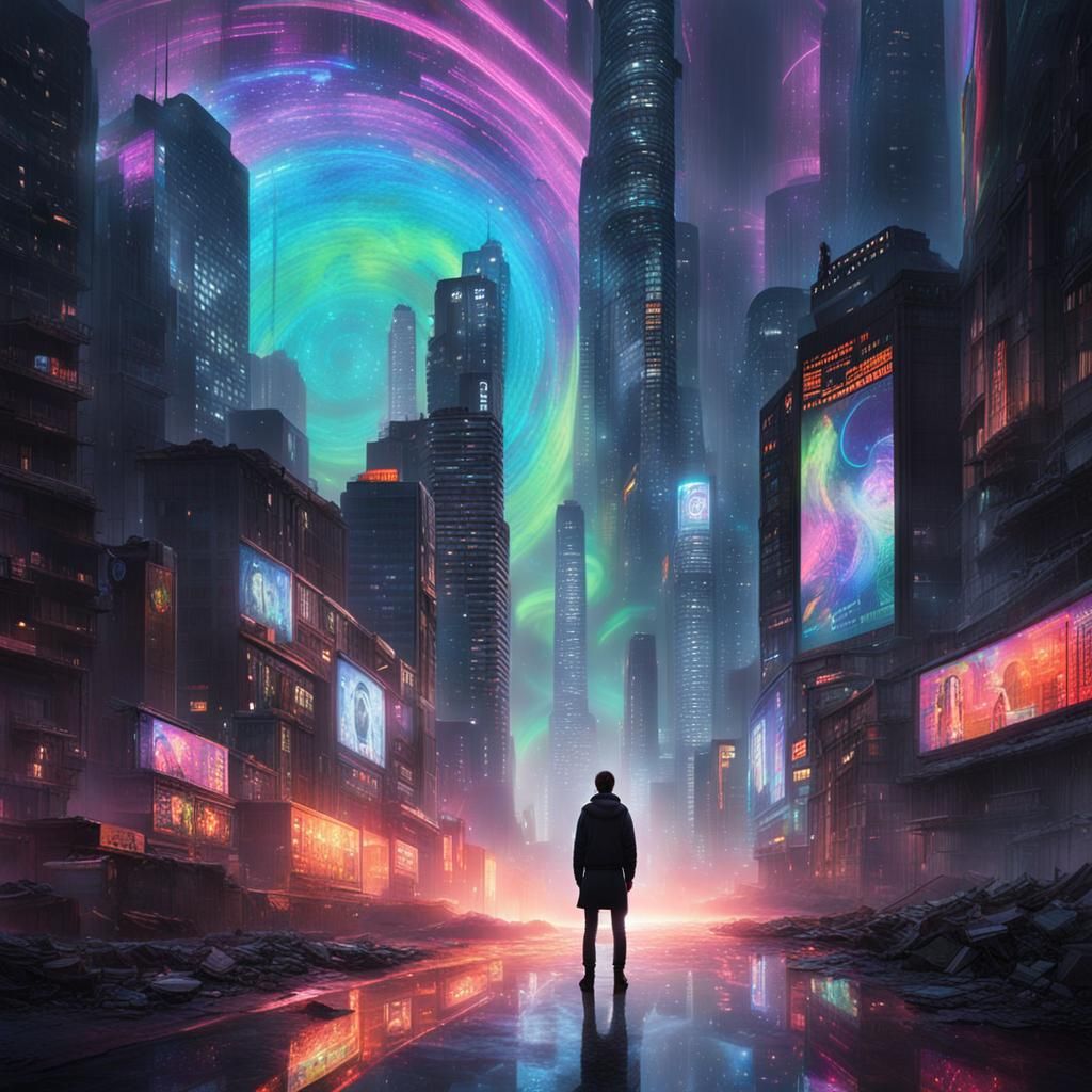 Dystopian City Portal in Cyberpunk Style