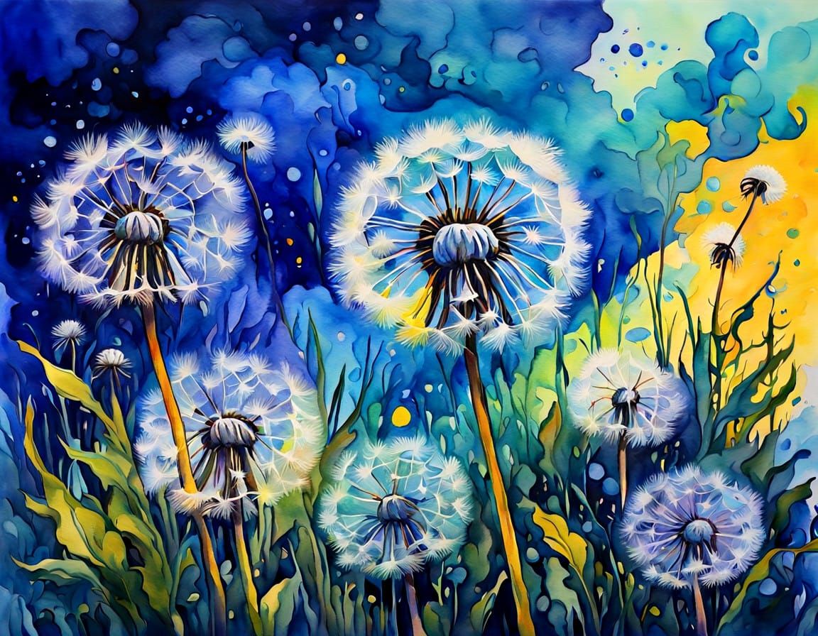 Ethereal Dandelion Landscape in Iridescent Gouache Style