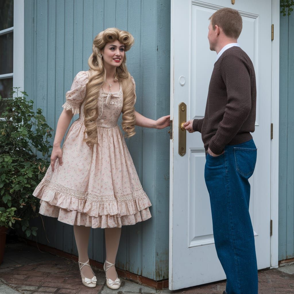 1990s Crossdresser Answering Door in Babydoll Dress