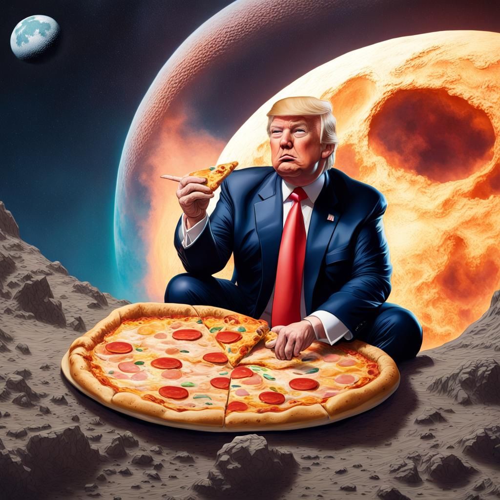 Donald Trump Eating Pizza on the Moon: Hyperrealistic Art