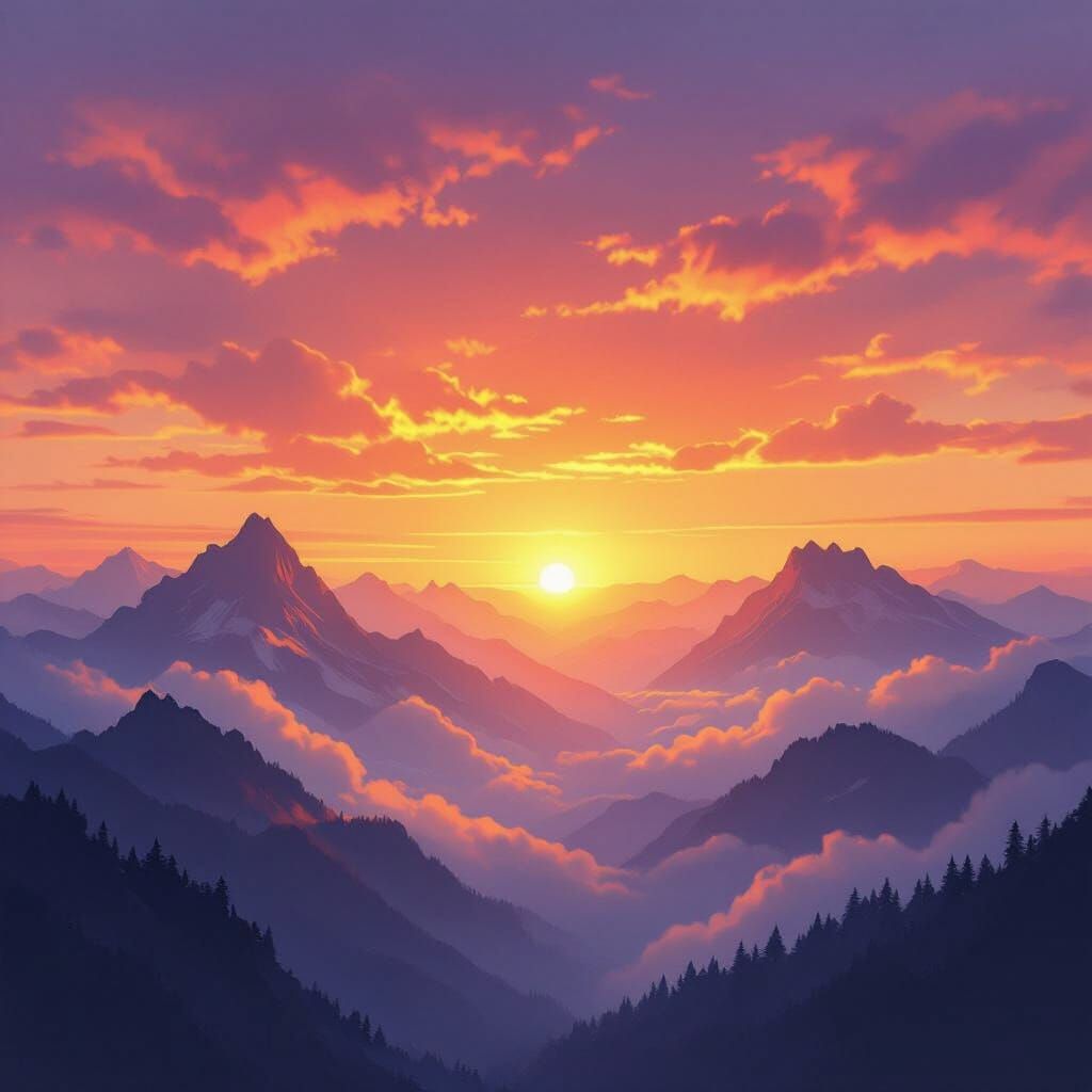 Ethereal Foggy Mountain Sunset in Romantic Landscape Style