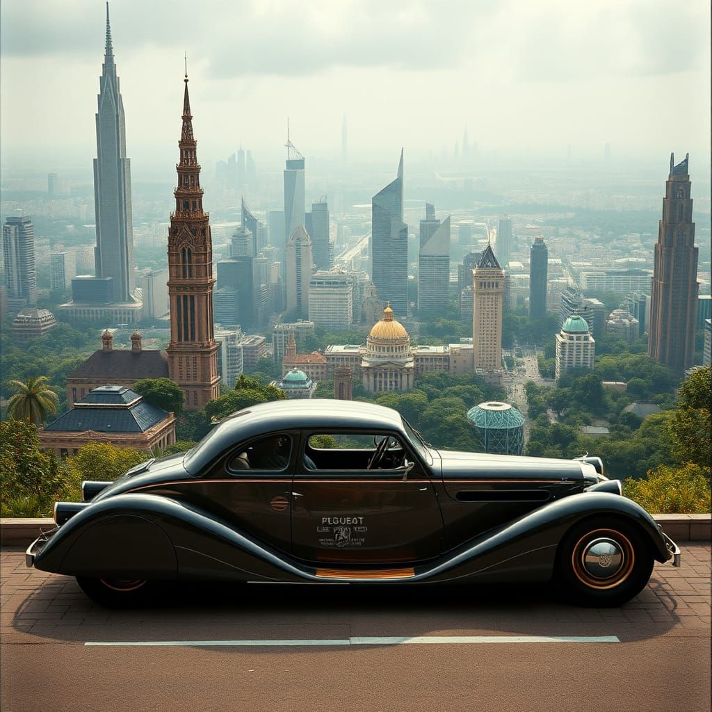 Retrofuturistic Peugeot Sedan in Steampunk Eco City