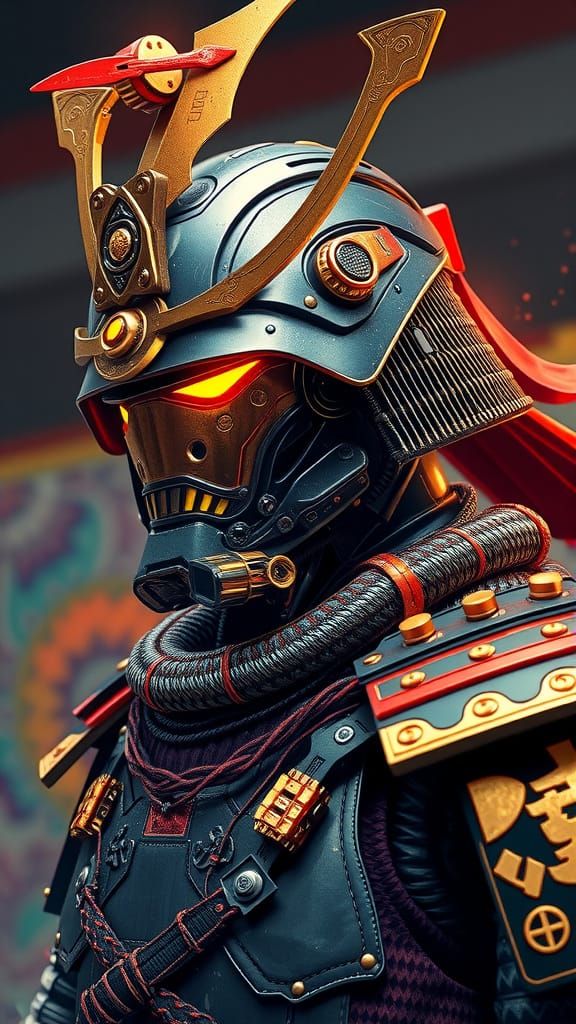 Cyberpunk Samurai Warrior in Hyperrealistic Robot Armor