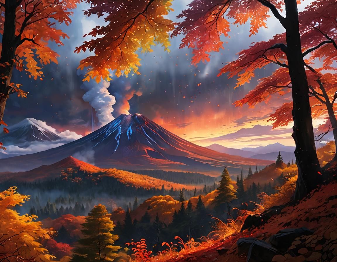 Volcano Eruption in Autumn Forest, Dreamscape Style