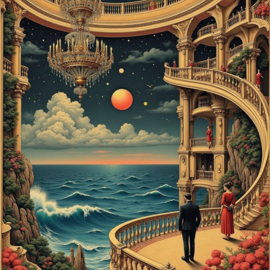 Grand Opulent Interior with Crystal Chandeliers and Ocean Vi...