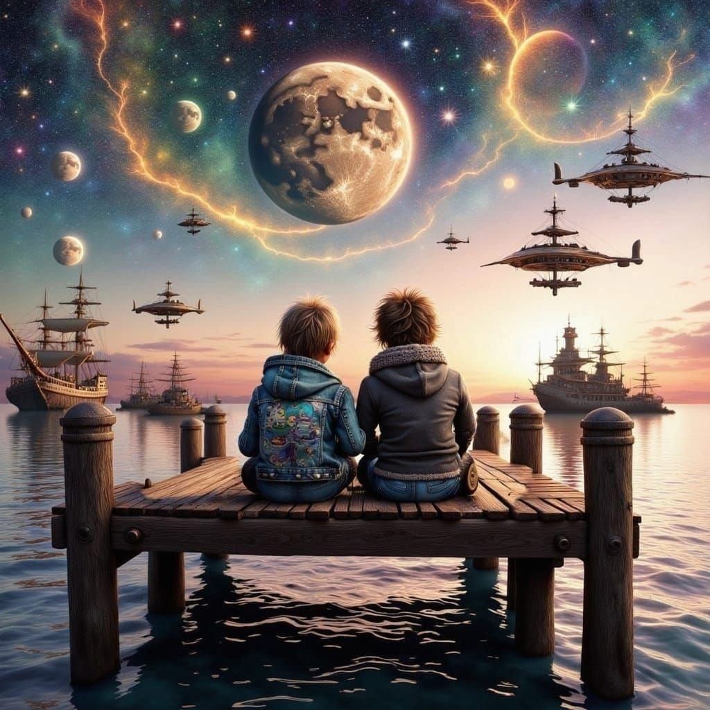 Furry Fantasy: Children Overlooking Cosmic Ocean