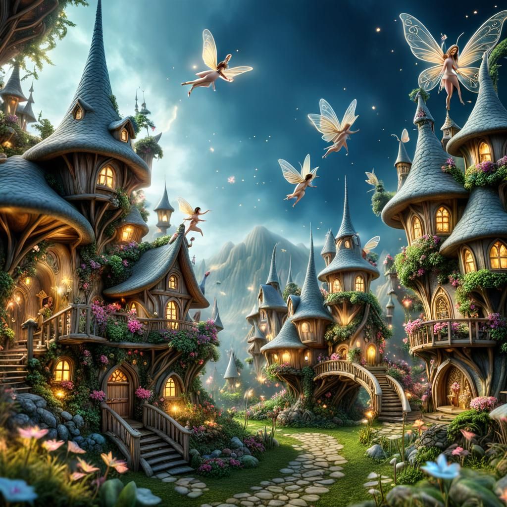 Ethereal Fairy Village with Flying Fairies in HDR