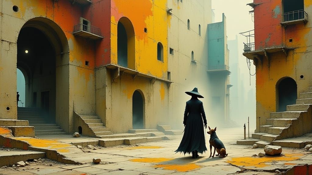 Wanderer Encounters Surreal Figures in Deserted City