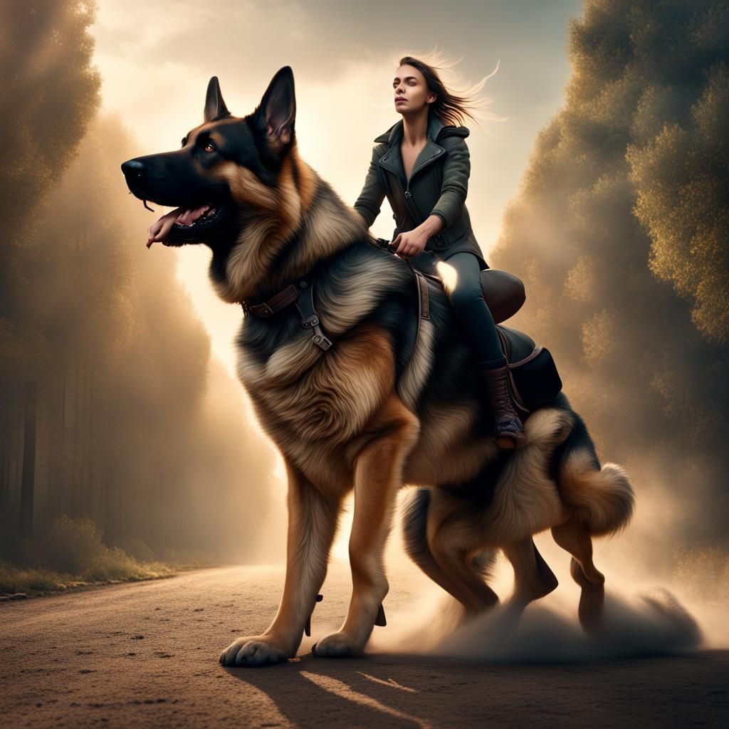 Girl Rides Giant German Shepherd in Digital Painting