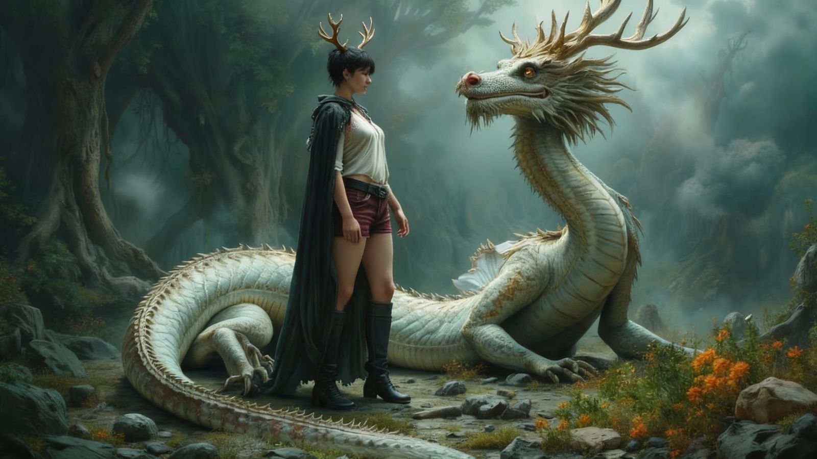 Fantasy Character Backdoor With Dragon in Stormy Forest