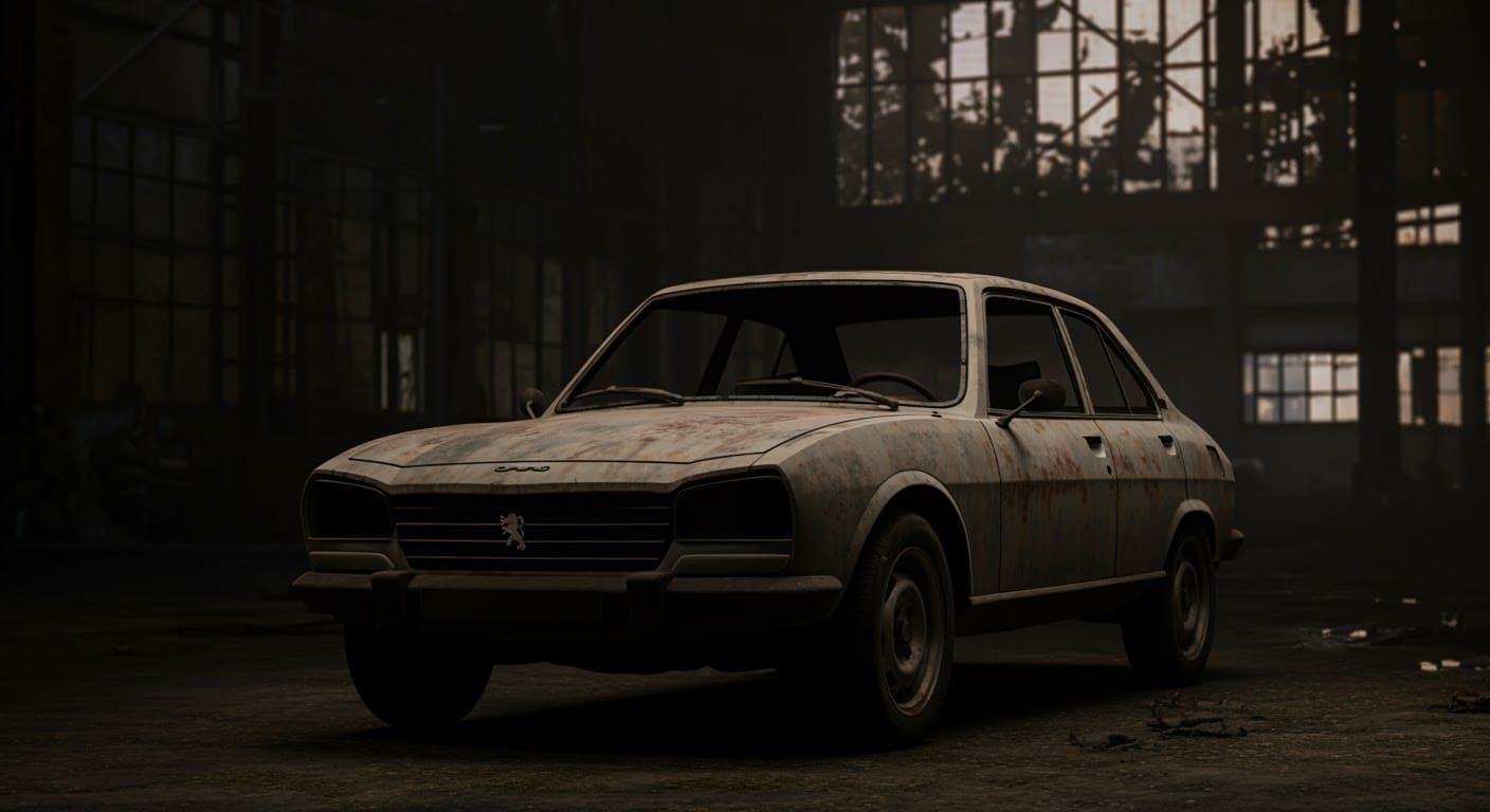 Dismantled Peugeot 504: Rusty Relic in Industrial Decay