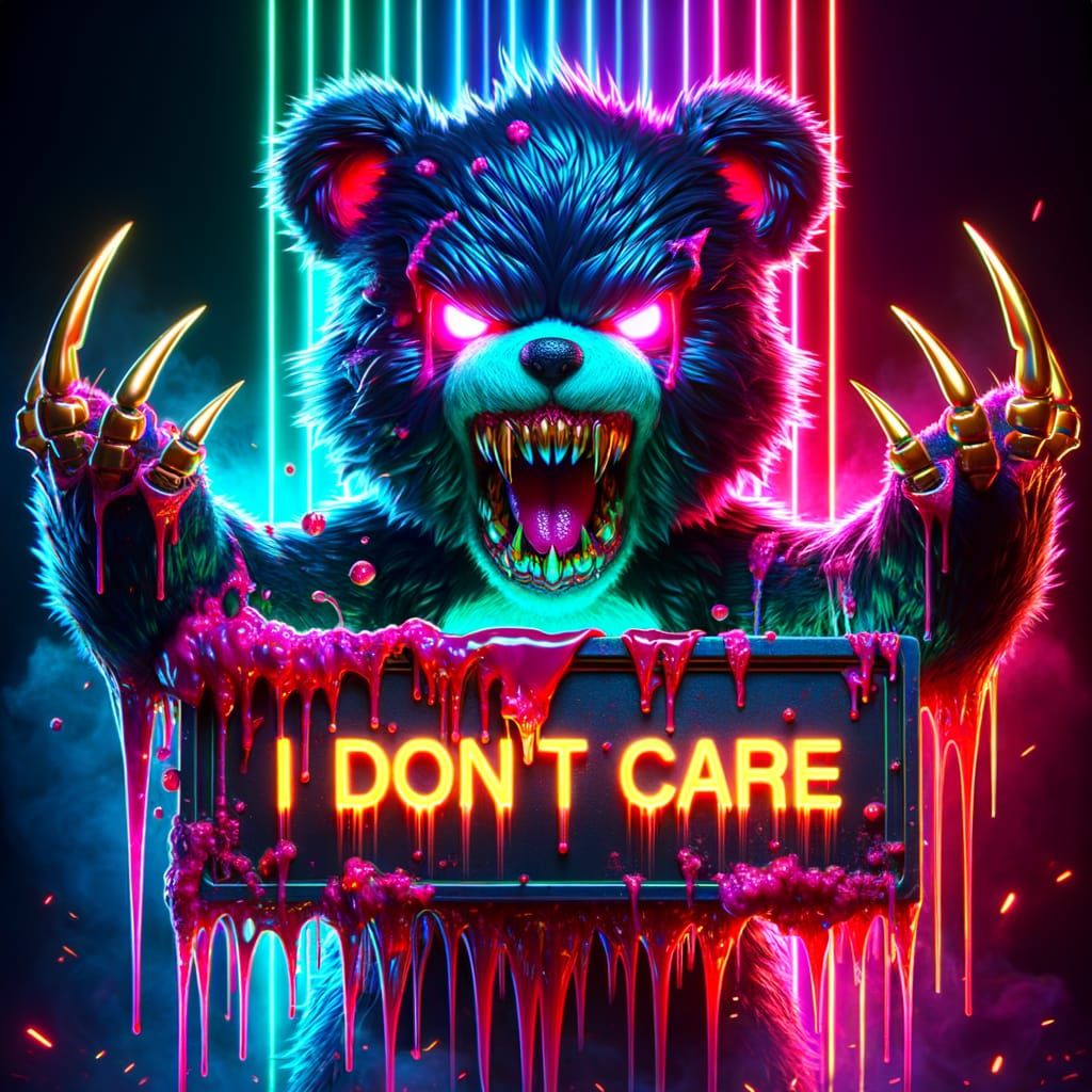 Ferocious Neon Teddy Bear with Glowing Eyes