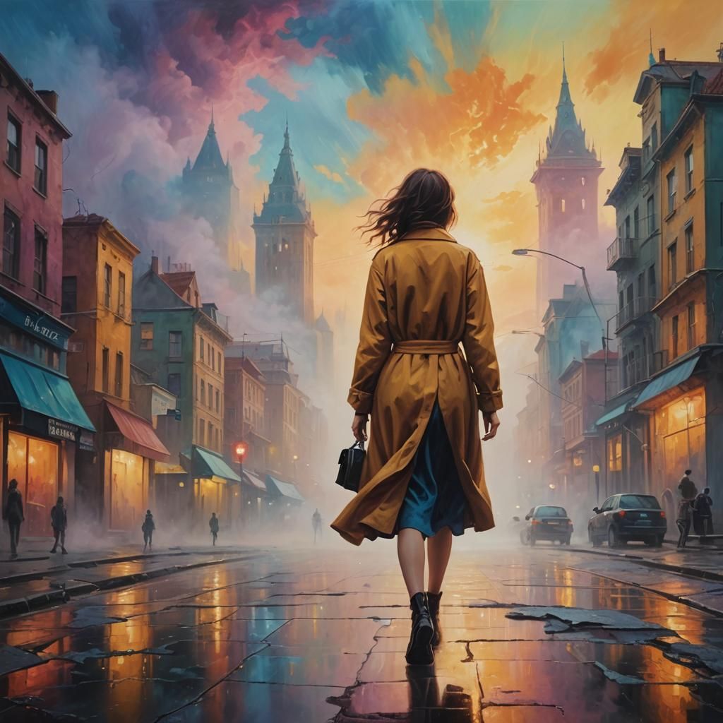 Surreal Woman in Glowing Cityscape Oil Painting