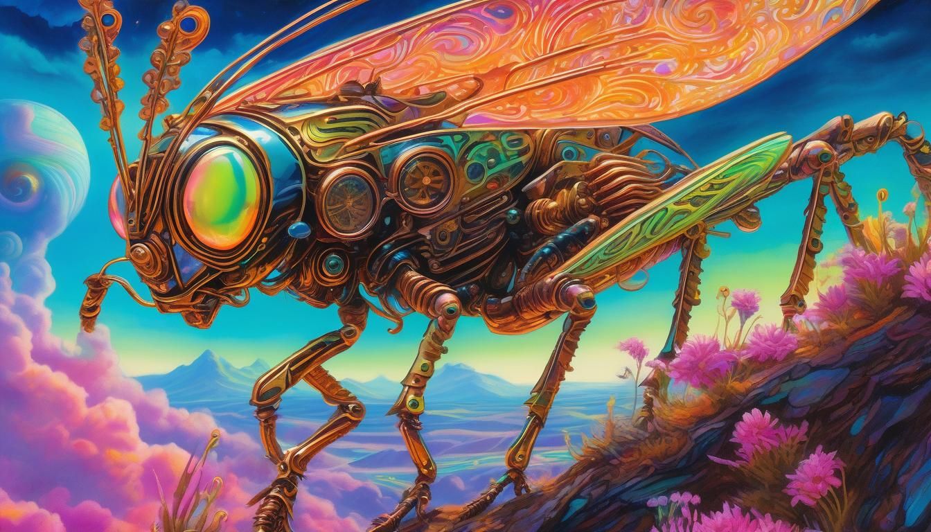 Steampunk Grasshopper Leaps in Surreal Landscape