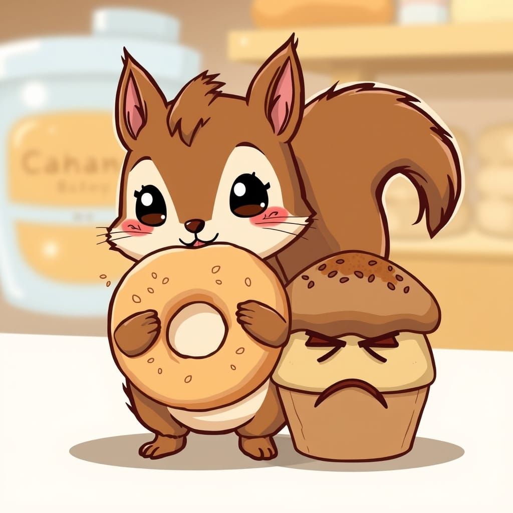 Chibi Squirrel Delights in a Whimsical Bakery Scene