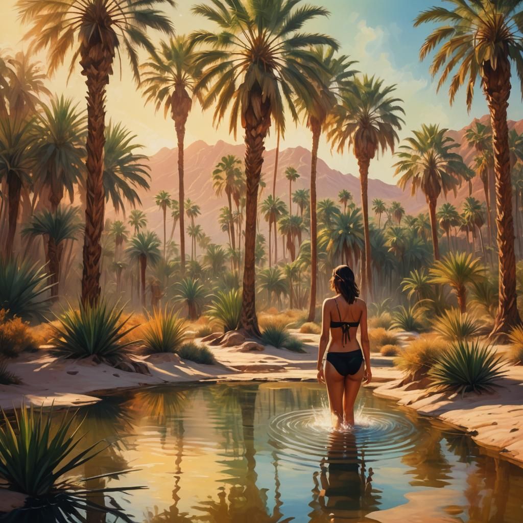 Woman Bathing in Desert Oasis: Surreal Oil Painting