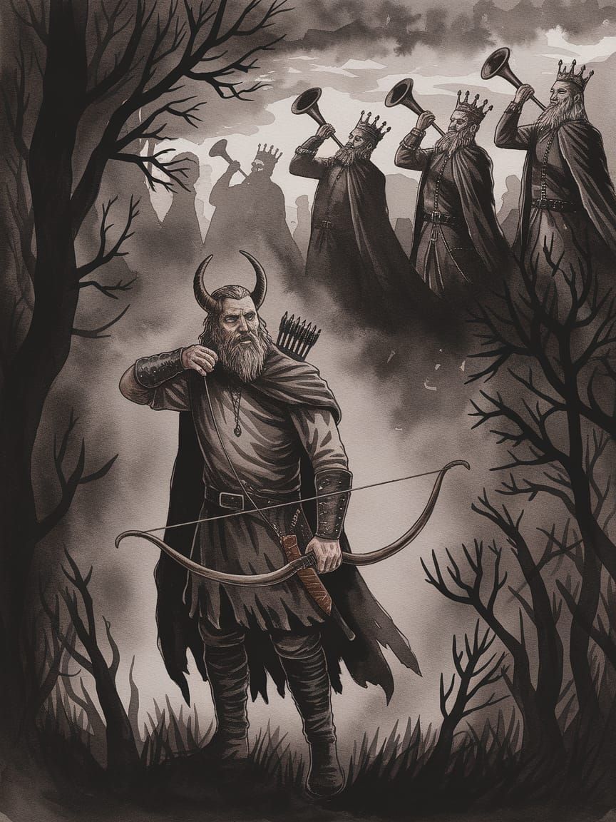 Dark Gothic Archer Stands Vigilant Amidst Apocalyptic Forest