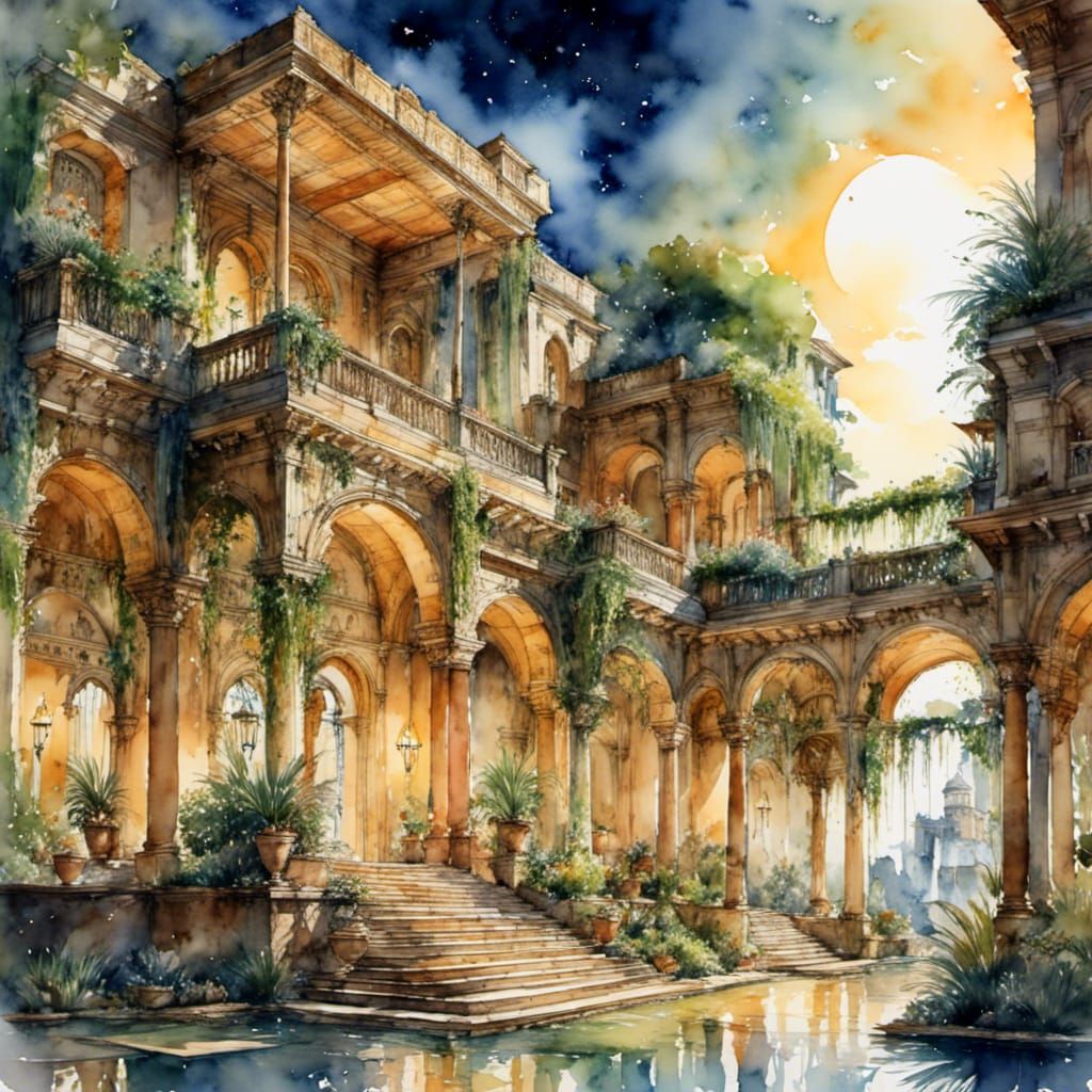 Babylon's Hanging Gardens in Wet-on-Wet Watercolour