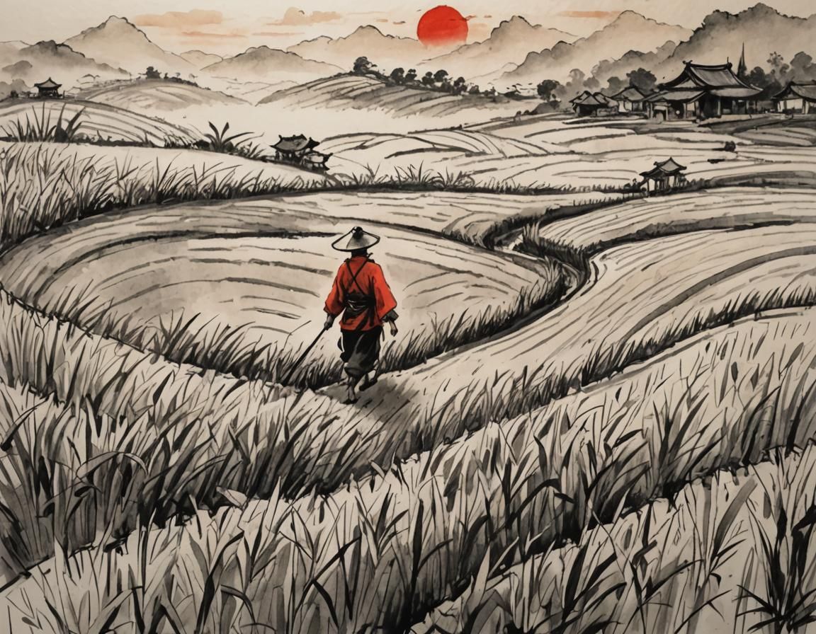 Sunrise Rice Field: Chinese Ink Scroll Art