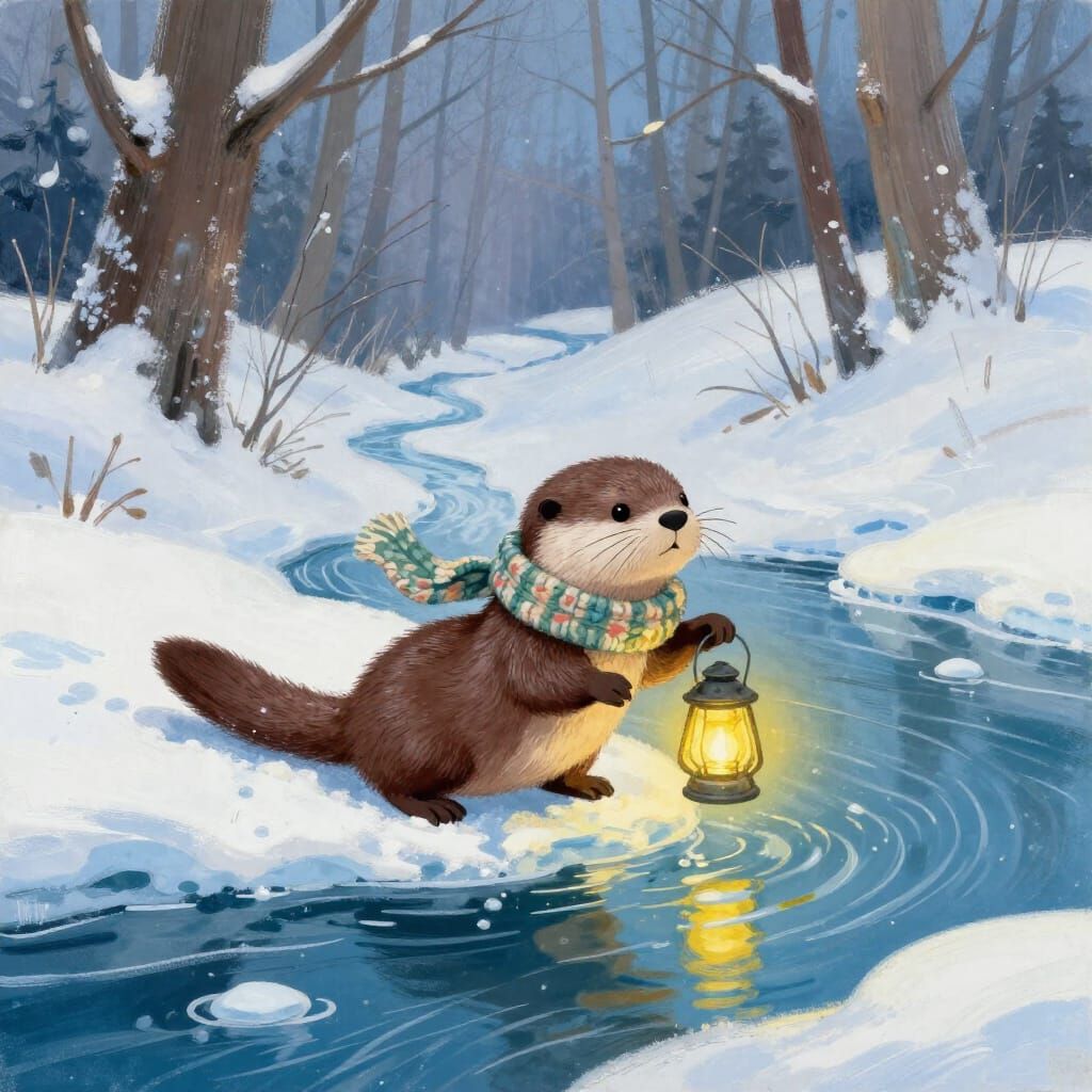 Otter with Lantern in Whimsical Winter Forest