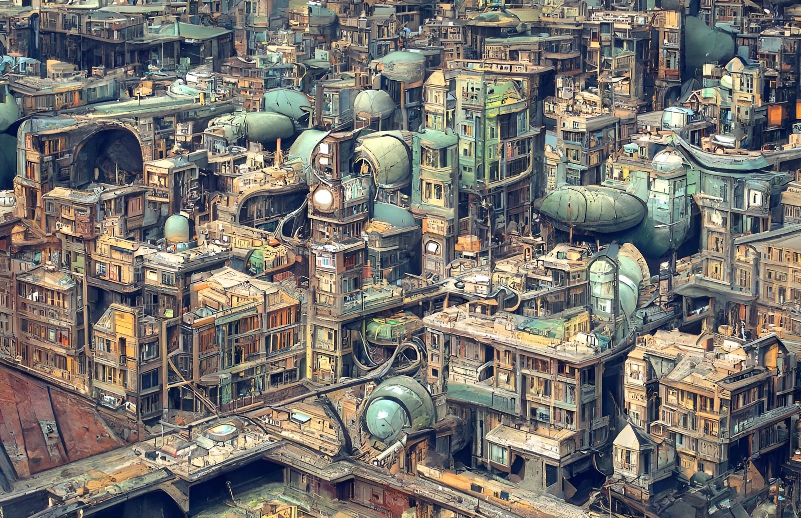 Steampunk City Aerial View in Dystopian Style