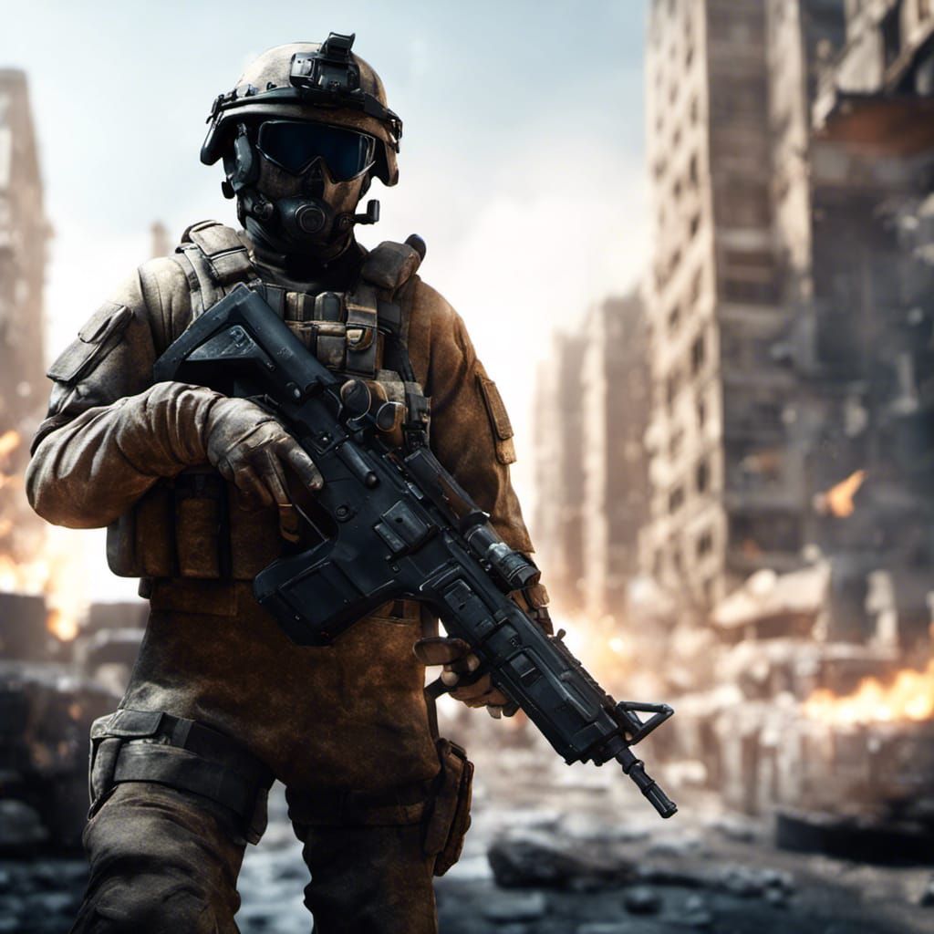 Camouflaged Soldier in War Zone, Cinematic 3D Render