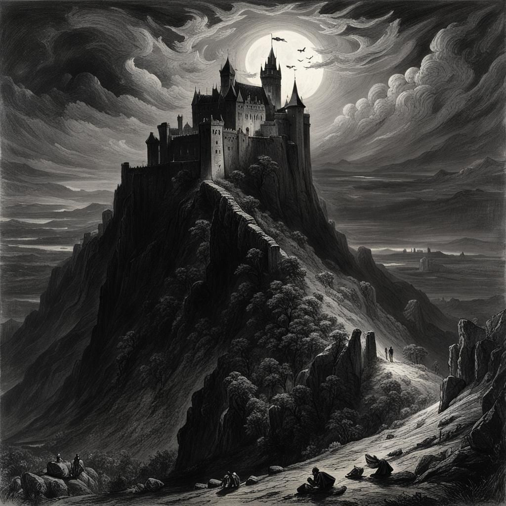 Dracula's Castle at Night, Romantic Painting Style