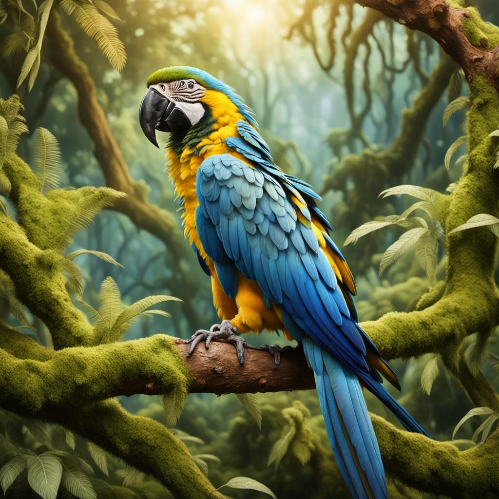 Hyper-Realistic Blue and Gold Macaw in a Lush Tropical Setti...