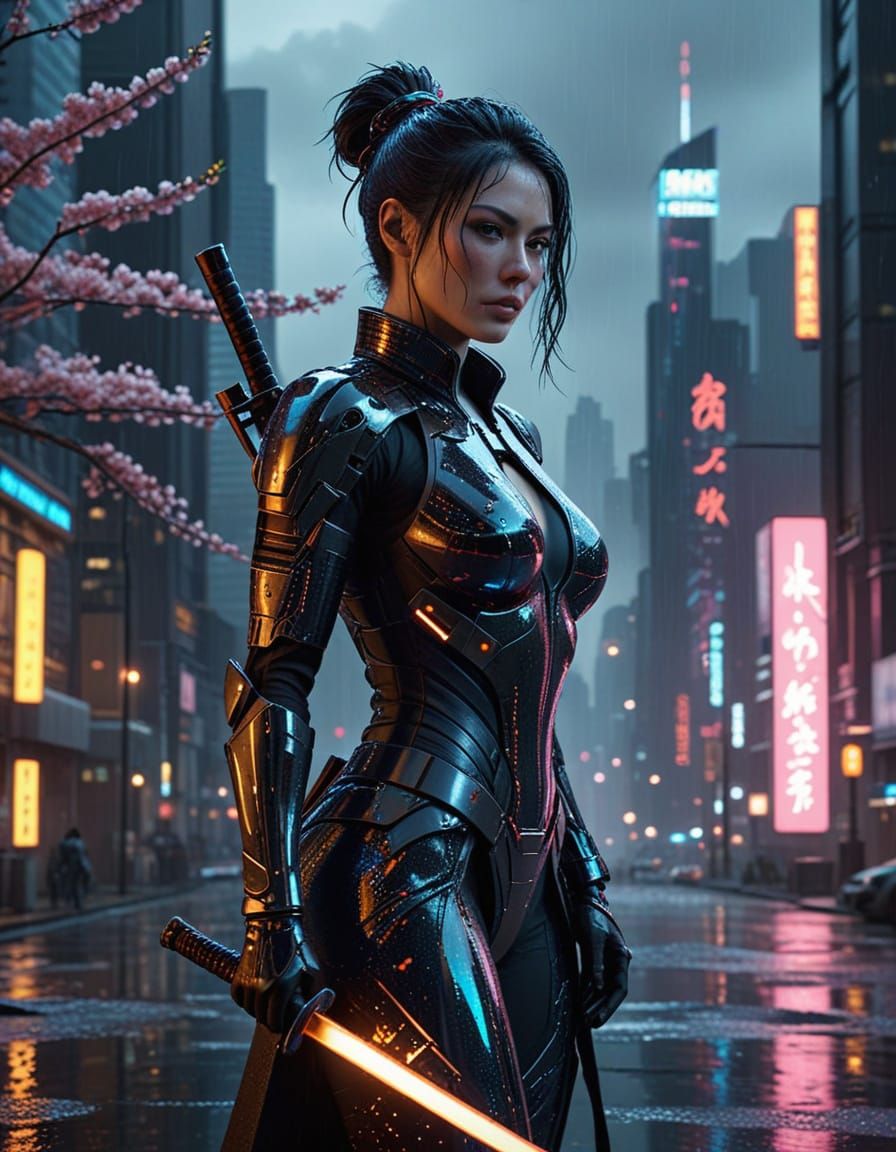 Cyberpunk Samurai Queen Reigns Over Neon Metropolis
