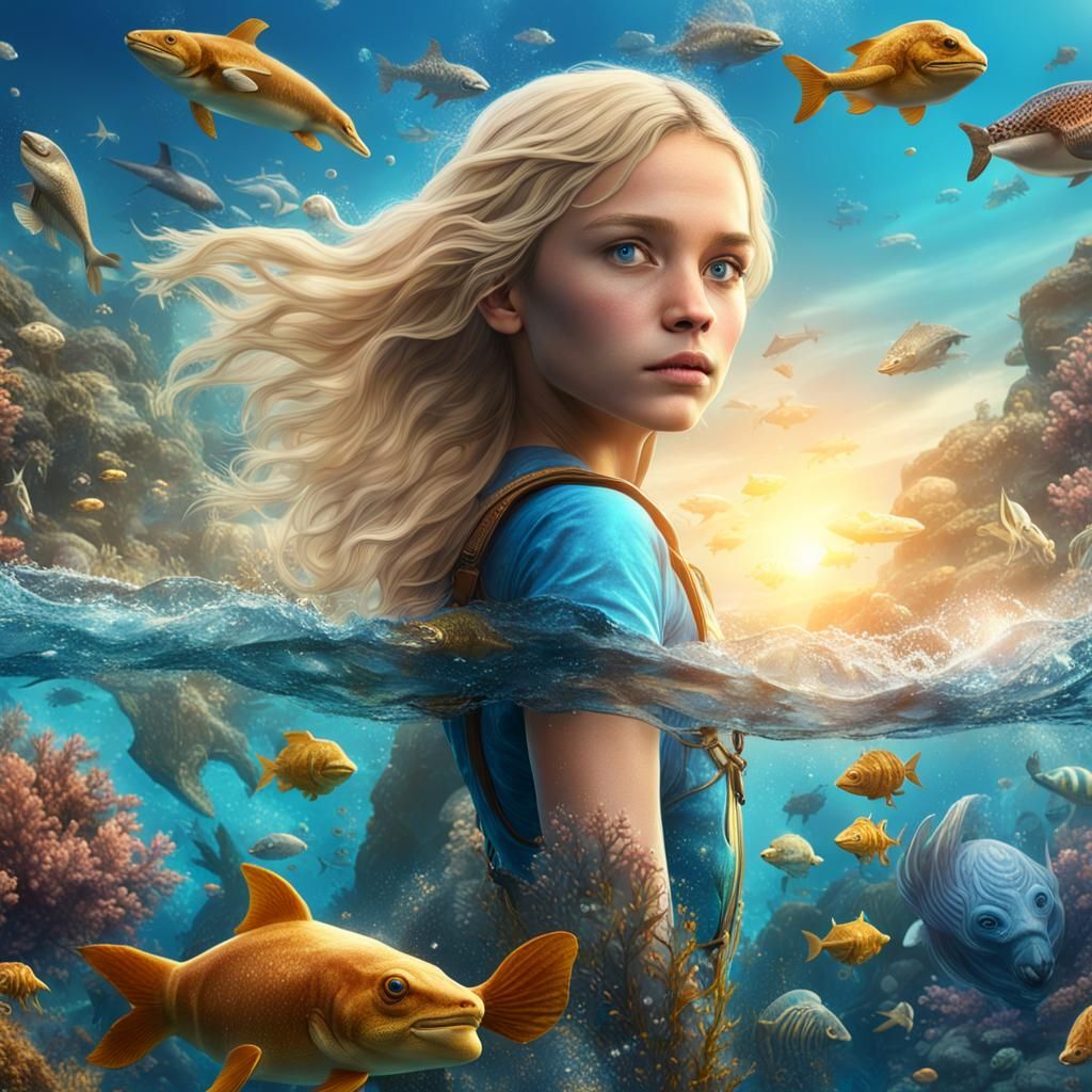 Girl Swimming with Sea Animals: Fantasy Concept Art