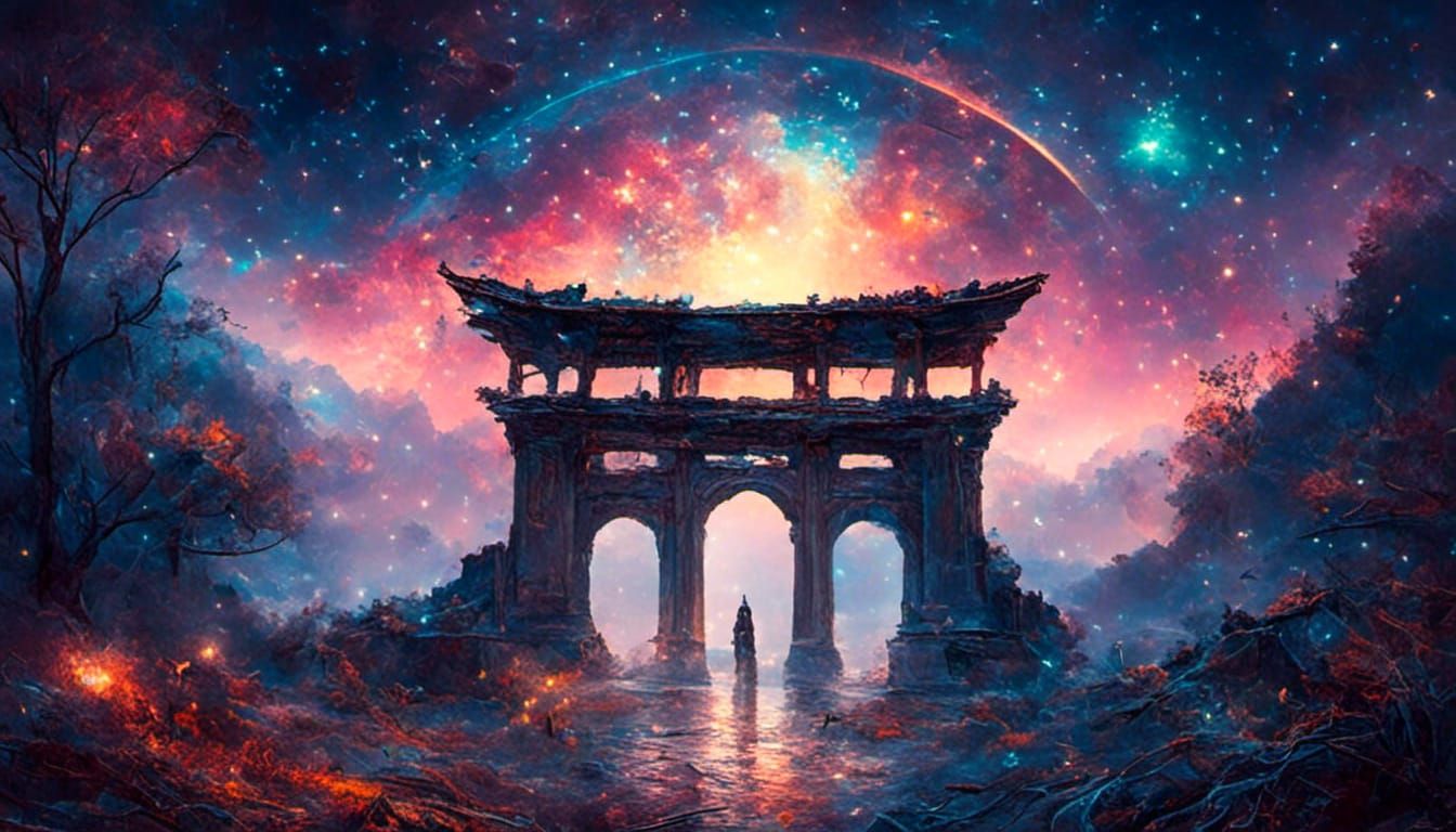 Shinto Gate in Mist: Surreal Double Exposure Collage