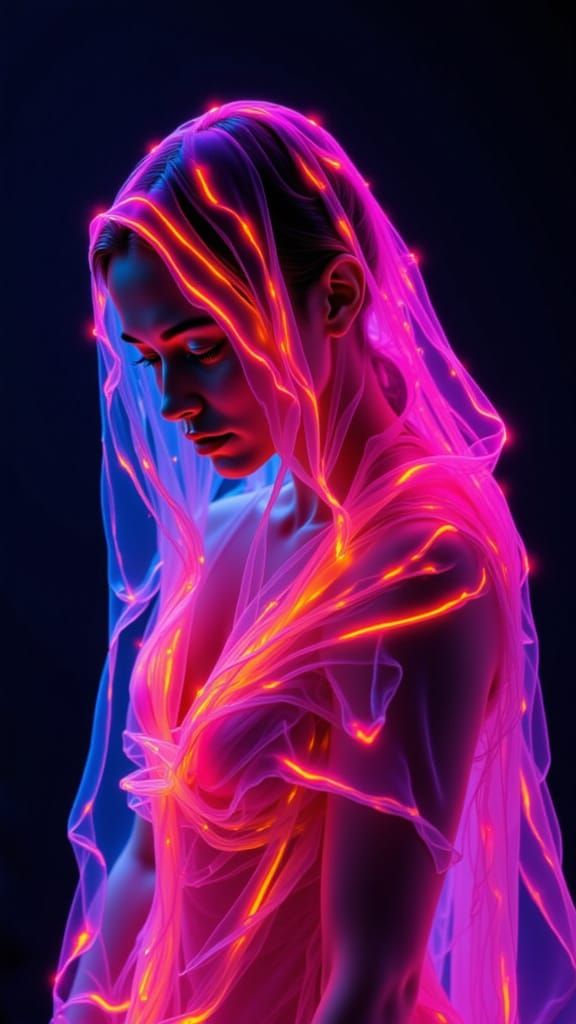 Figure Wrapped in Luminous, Flowing Fabric