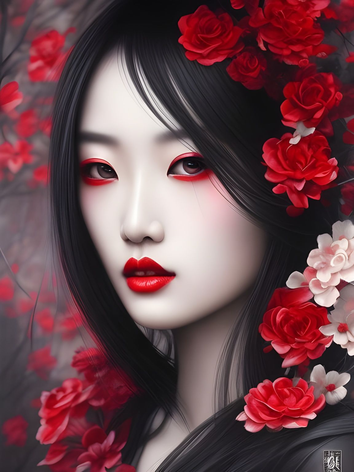 Chinese Beauty with Poppies and Butterflies