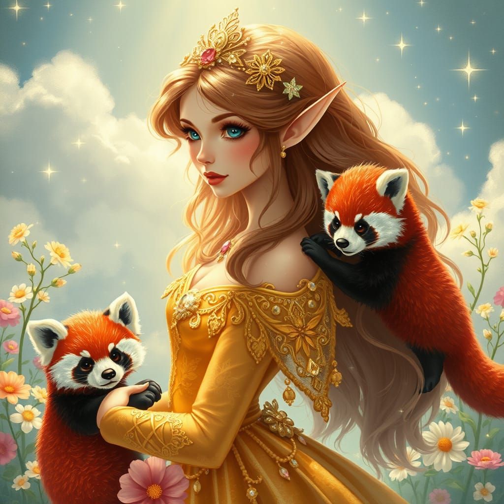 Golden Elven Princess in Ethereal Gown with Floral Accents a...