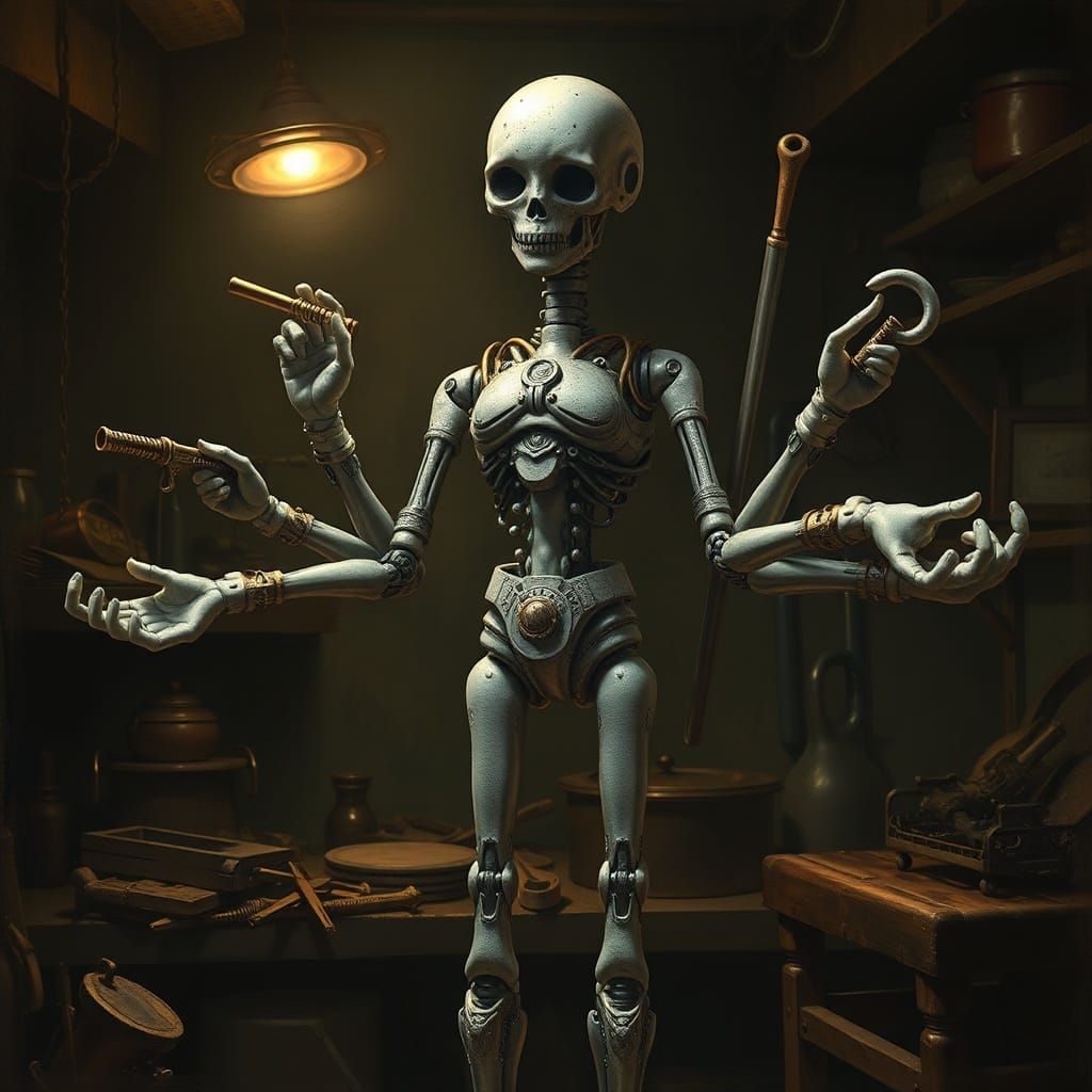 Dollatron with Porcelain Hands Wielding Tools in Dark Fantas...