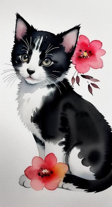 Kitten with Tiny Flowers in Watercolor Style
