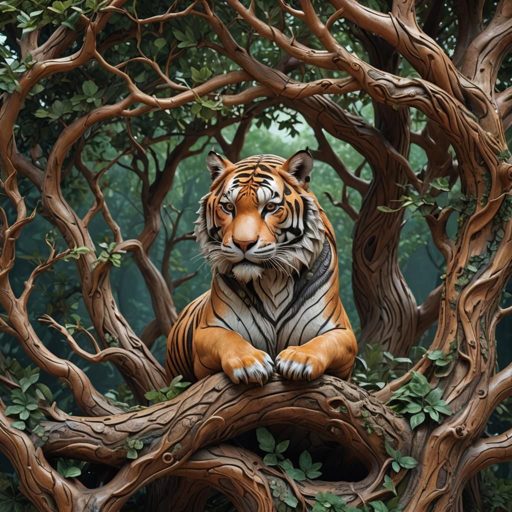 Tiger Carved in Fantasy Tree: 3D Rendered Art