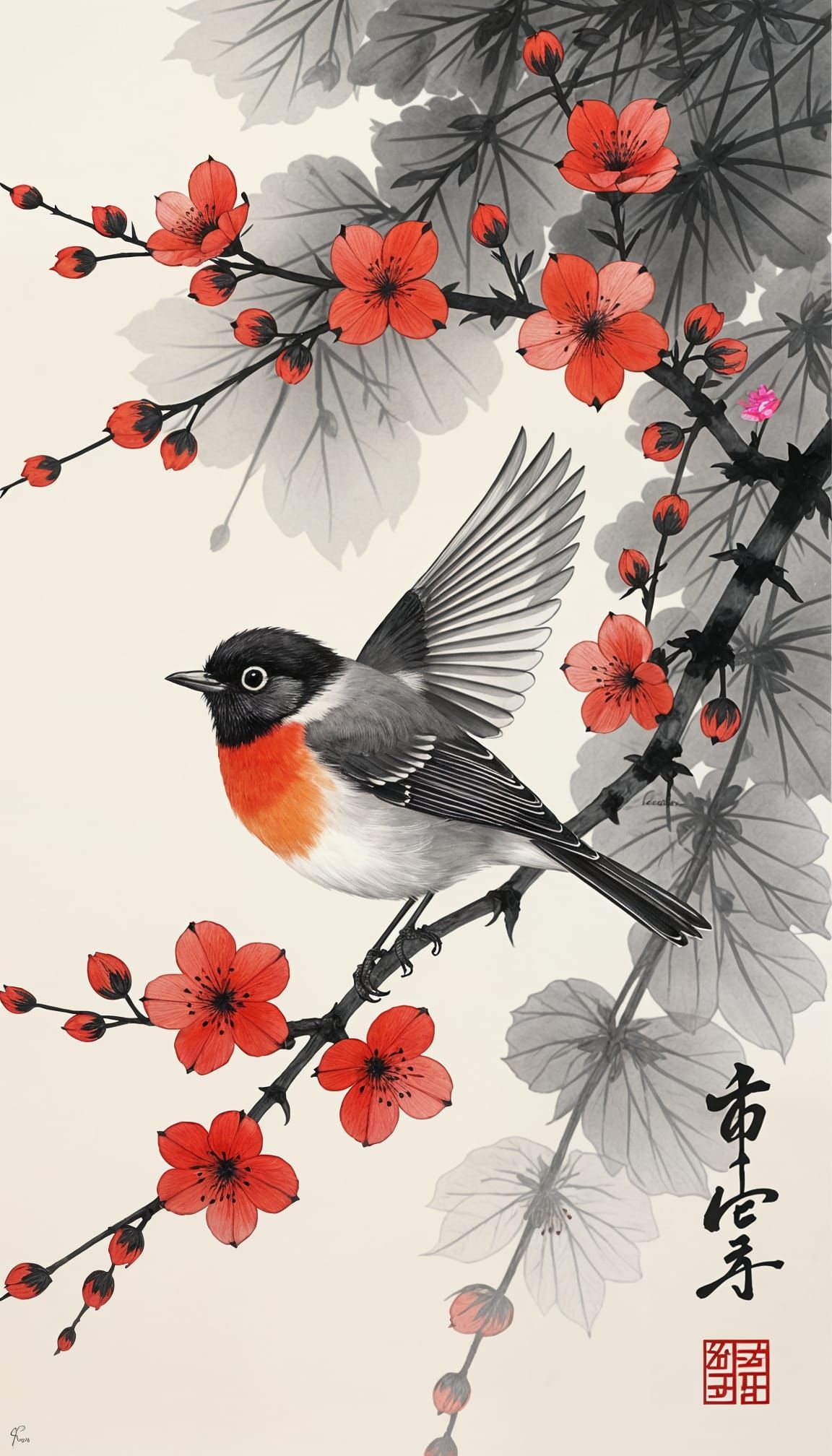 Robin in Flight: Sumi-e Ink Wash Painting