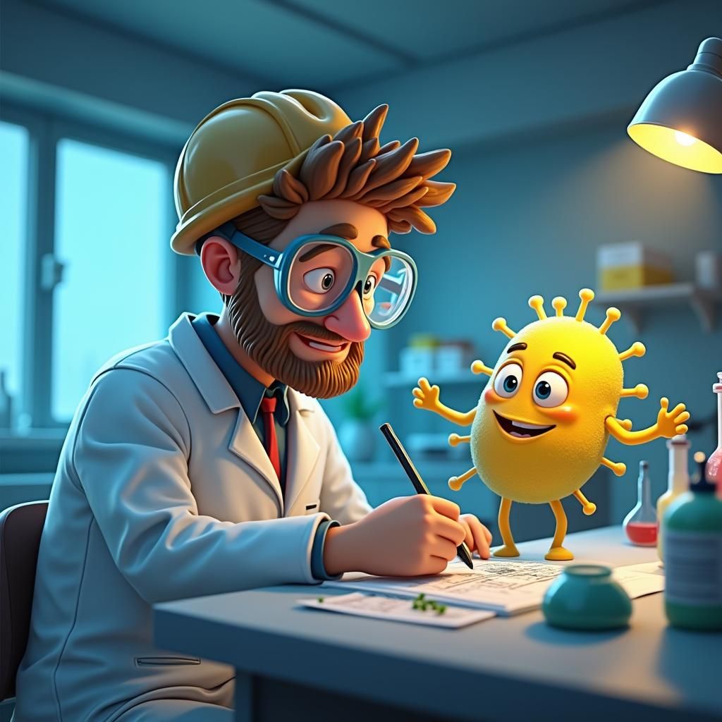 Cartoon Bacteria Construct DNA in a Matte Painting Style