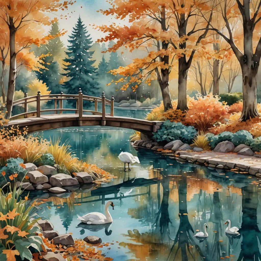 Autumn Pond Scene in Watercolor Style