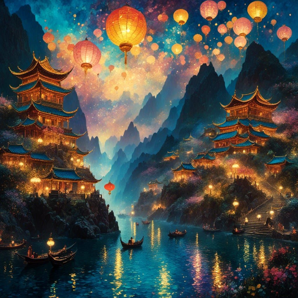 Midnight Spring Festival in China: Neoimpressionist Art