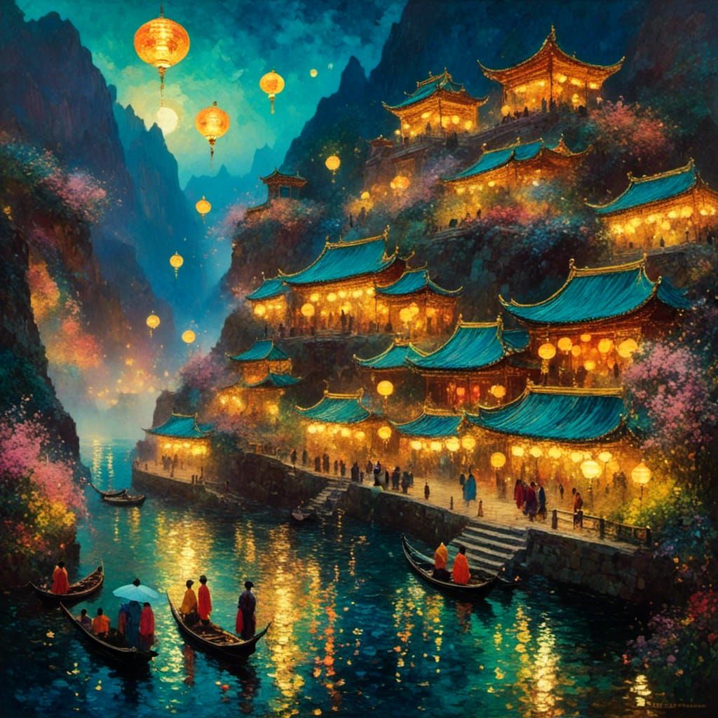 Fantastic Spring Festival in China: Neoimpressionist Oil Pai...