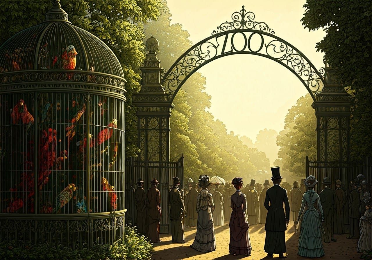Victorian Zoo Entrance in Arthur Rackham Style