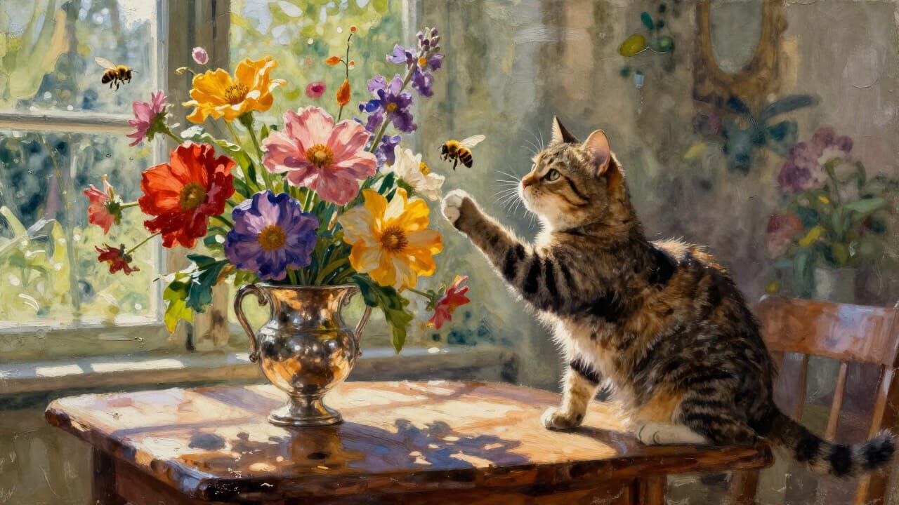 Cat Chasing Bee Over Exotic Flowers