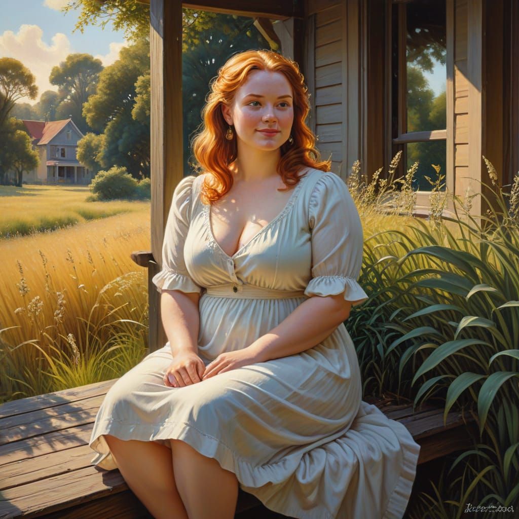 Ginger Woman on Porch Overlooking Meadow as Oil Painting