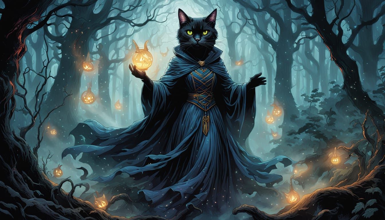 Cat Witch Casting Spells in Foggy Forest: Comic Book Art
