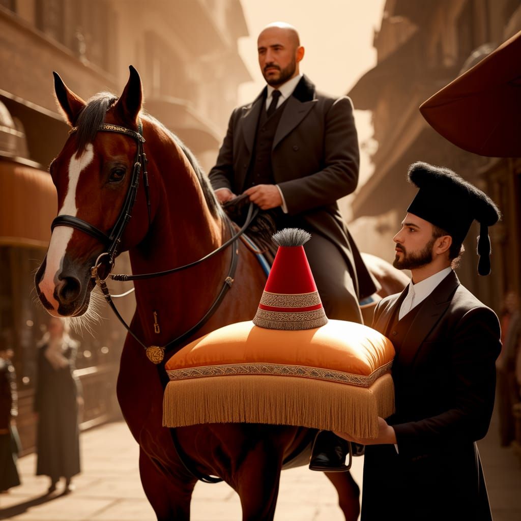 Ottoman Nobleman Rides Through Bazaar with Servant