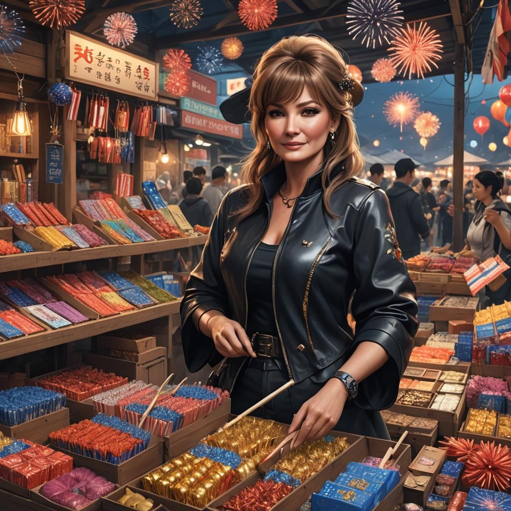 Woman in Leather Selling Fireworks: 3D Anime Art