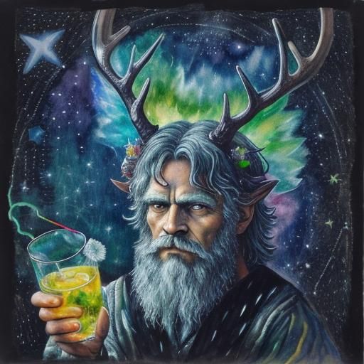 Horned Wizard in Rainy Starry Night, Watercolor Style