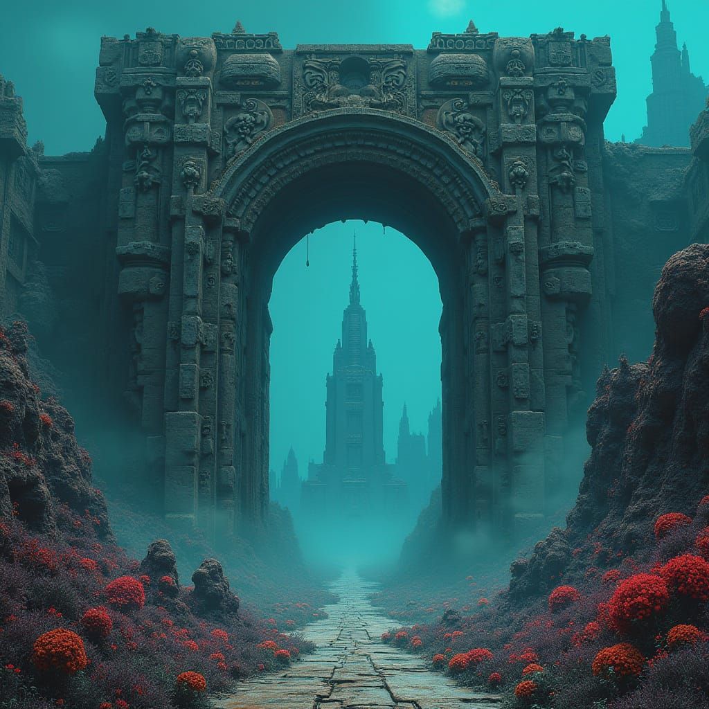 Alien Metropolis Gate in Dreamlike Surrealism